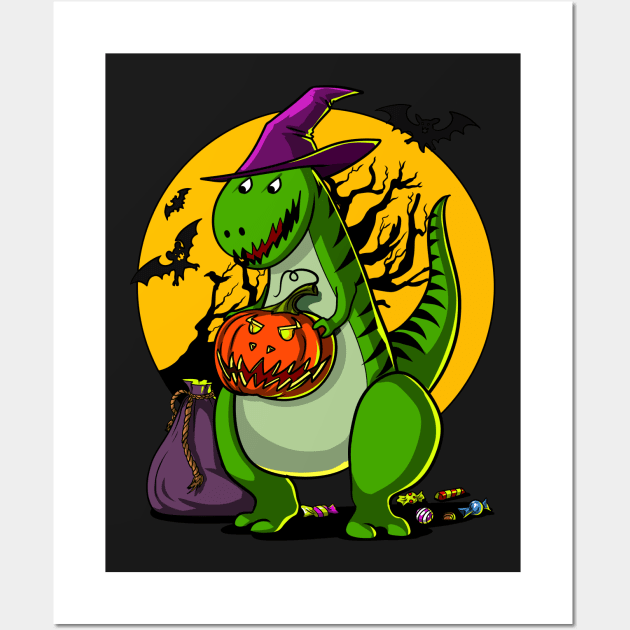 Halloween T-Rex Dinosaur Pumpkin Pumpkasaurus Scary Wall Art by underheaven